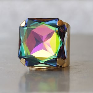 GREEN GOLD RING, Square Ring, Big Emerald Ring, Statement Ring, Colorful Large Ring, Adjustable Ring, Evening Green And Pink Cocktail Ring
