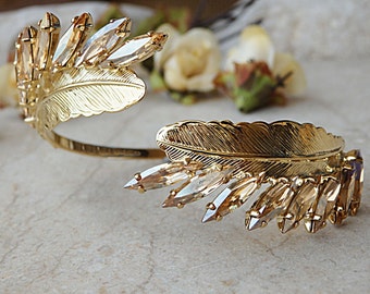 Champagne Crystal Feather Cuff Bracelet, Gold Bridal Jewelry