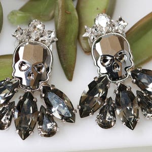 SKULL EARRINGS, Silver Crystal  Earrings, Gothic Jewelry, Gray Earrings, Sugar Skull Earrings, Black Diamond Earrings, Brutality