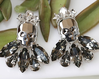 Crystal Skull Earrings, Gothic Jewelry, Gray Earrings