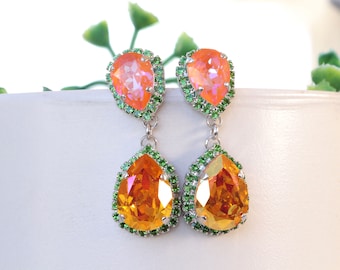 ORANGE GREEN EARRINGS, Colorful Earrings, Drop Earrings,  Earrings, Orange And Green Boho Earrings, Orange Emerald Handmade Earring