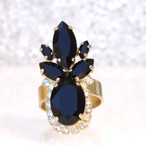 BLACK  Ring, Jet Black Ring, Gold Black Ring, Cocktail Ring, Stones Ring, Black Evening Jewelry, Black Crystal Ring, Fashion Ring