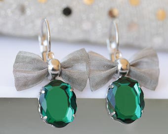 EMERALD GREEN EARRINGS, Estate Earrings,  Drop Earrings, Christmas Gift, Bow Jewelry, High End Earrings, For Bride, Gift For Women