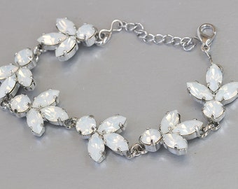 White Opal Crystal Bridal Bracelet, Silver Leaf Wedding Jewelry