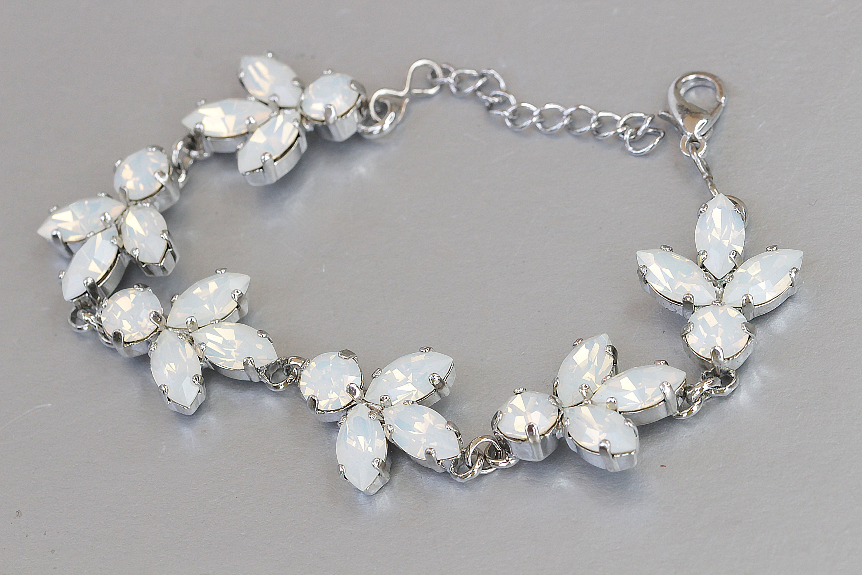 WHITE OPAL BRACELET, Silver Moonlight Wedding Bracelet, Opal Bride Bracelet, White  Bracelet, Bride Leaves Bracelet, Milky Jewelry