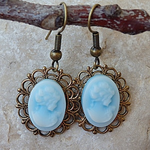 Victorian Cameo Earrings. Antique Style Cameo Earrings. Vintage Style Earrings. Blue Cameo Earrings. Cameo Jewelry. Women Shaped Earrings