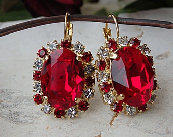 Ruby Red Earrings, Gold Red  Earrings, Red Oval Earrings, Wife Gift, Red Bridesmaid Earrings, Red Jewelry.Drop Dangle Stud Earrings