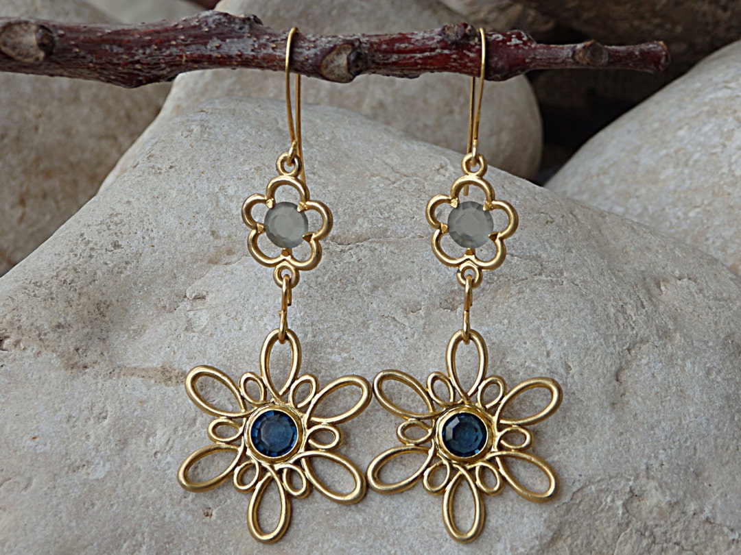 Two Flower Chandelier Earrings. Gold Blue Dangle Earrings. Etsy