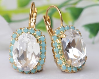 WHITE CRYSTAL EARRINGS, Rhinestone Earrings,  Drop Earrings, Blue Turquoise Earrings, For Daughter, Gentle Earrings,Bridal Earrings