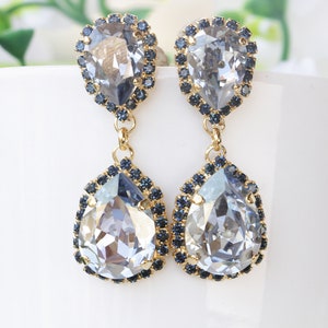 Dusty Blue Earrings, Bridal Dusty Blue Earrings, Blue Topaz Chandeliers Earrings, Dusty Blue Crystal  Earrings,Wedding Navy Jewelry