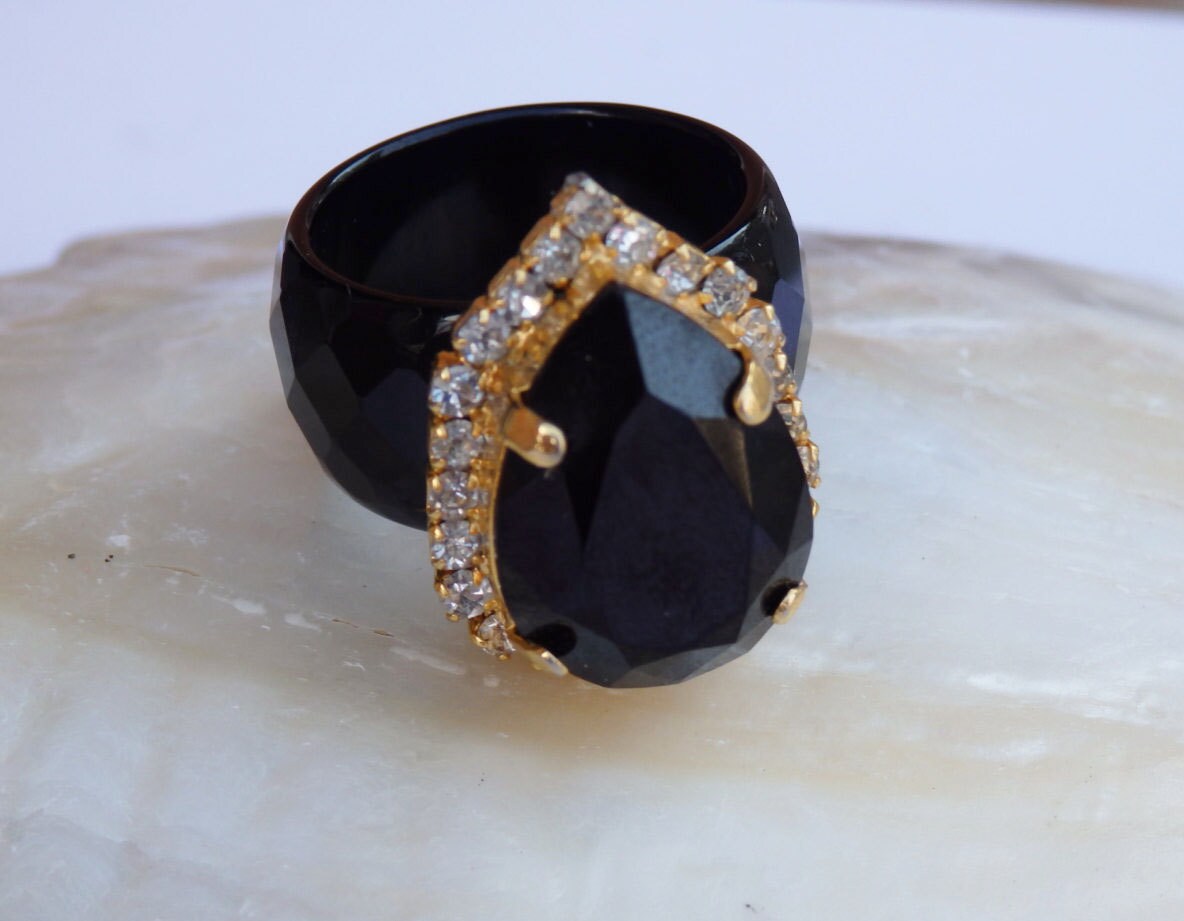 Women's Black Statement Ring with Black Agate Ring with Etsy