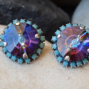 Stud earrings. Blue stud earrings. Rhinestone turquoise post earrings. Vintage style ab blue stud earrings. Bridesmaid stud earrings for her