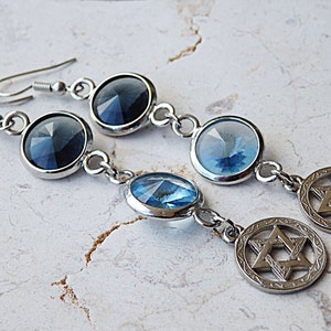 Silver star of David earrings, Blue  dangle earrings, Jewish jewelry, Star of David charms, Women&#39;s earrings, Hook earrings, Judaica gift