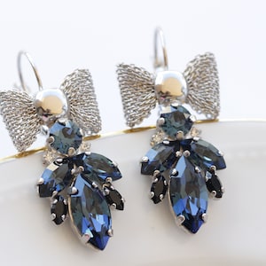 Navy Blue Crystal Earrings: Bow Drop Leverback Earrings