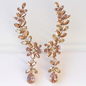 Blush OORKLIMMER OORBELLEN, Bruids Klimmen Oorbellen, Verklaring Oor kruiper, Rose Gold Champagne Bruid oor vegen, Antiek Roze