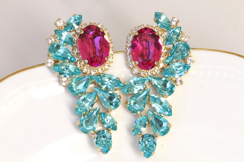 FUCHSIA TURQUOISE STUDS, Earrings, Hot Pink Earrings, Statement Earrings, Boho Chic Bridal Earring, Cluster Studs, Formal Jewelry image 1