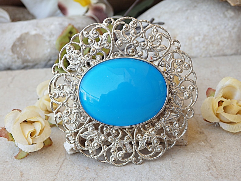 Safety Pin Brooch SILVER BLUE BROOCH Large Oval Brooch Sky Blue Brooch Boho Brooch Acrylic Stone Brooch Statement Brooch Lace Brooch