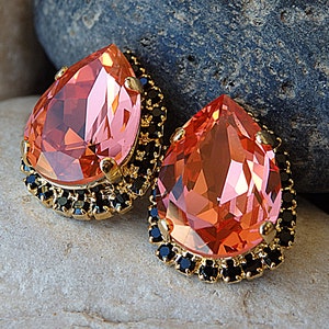 Orange and black  Earrings, Teardrop stud Earrings,Rhinestone shiny earrings .Gift For Women, Elegant Orange jewelry for wife.