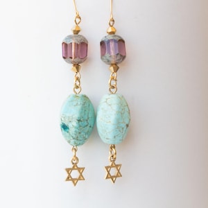 Star of David Gold Earrings, Blue Turquoise Star Long Earrings, Kabbalah Earrings, Jewish Jewelry, Israel Jewelry,David Star Dangle Earrings