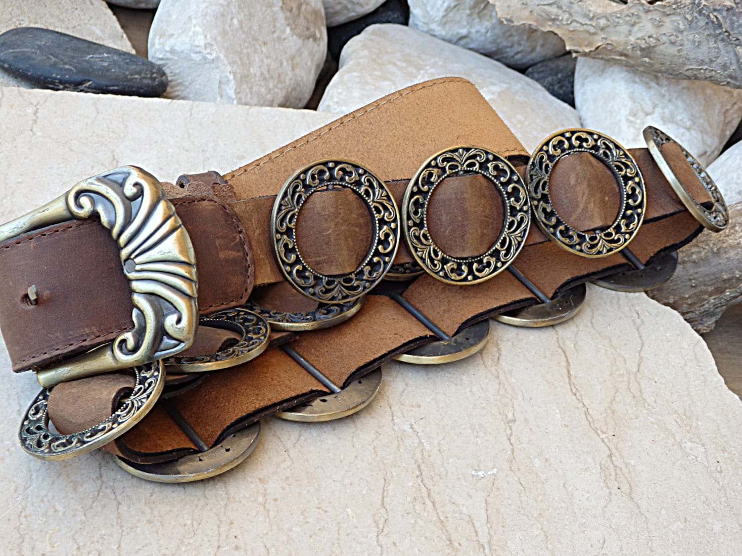 Bohemian Leather Belt with Decorative Round Brass Buckle 3 1/2 main image 4