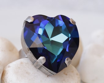 Blue Royal Heart Shaped Ring, Statement Heart Ring, Heart Jewelry, Blue sapphire Heart Ring, Anniversary wife gift, Large Stone Ring