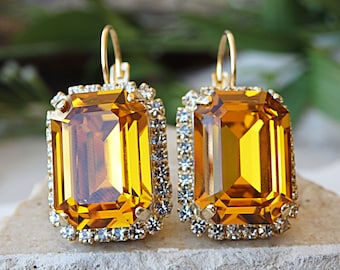 Crystal Topaz Gold Earrings, Bridal Halo Drop Earrings