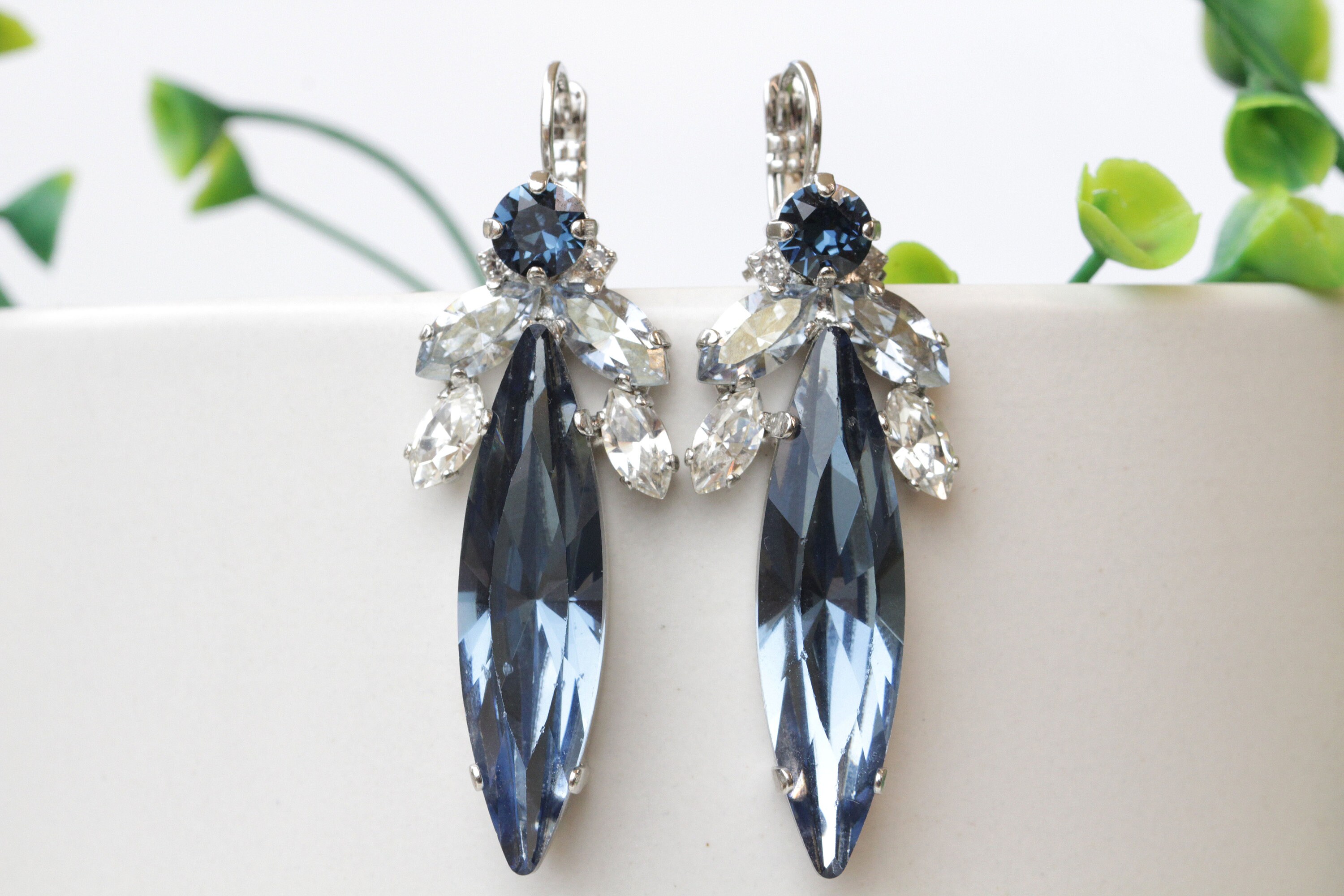 Blue STATEMENT BRIDAL EARRINGS Navy Wedding Long Earrings Etsy