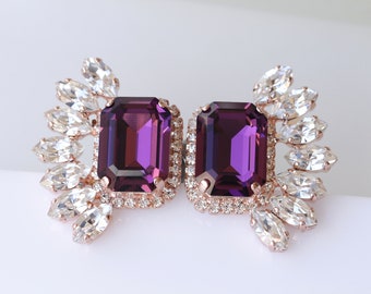 PURPLE WEDDING EARRINGS, Bridal Amethyst Earrings, Statement Earrings, Evening Big Earrings, Cluster Studs,Dark Purple Jewelry,Leaf Earrings