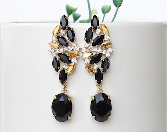 Black Crystal Chandelier Earrings,  Bridal Gold Black Evening Jewelry