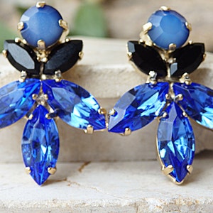 Sapphire earrings, Cocktail party, Blue bridal earrings, Black blue , Sparkly earrings, Large studs, Royal blue earrings,Woman gift