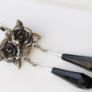 BLACK EARRINGS, Silver Oxide earrings, Boho Flower earrings, Floral Earrings, Long  Earrings,Hippie Jewelry,Dangle Teardrop Earring