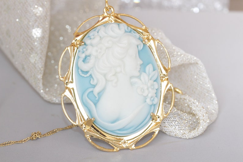 Cameo Necklace, Blue Necklace, Cameo Pendant, Pastel Colors Jewelry, Lady Cameo Necklace, Victorian Style, Acrylic Cameo , Mother's Day Gift image 3