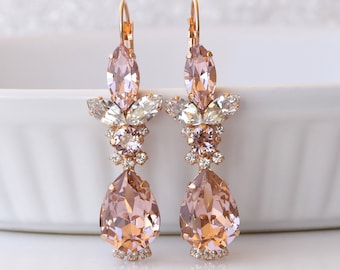 Light Pink BRIDAL EARRINGS, Blush Pink Wedding Earrings, Morganite Crystal Dangle Earrings, Rose Gold Earrings, Bridesmaid Drop Earring Gift