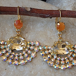 Orange Champagne Fan Earrings, Gemstone Earrings,  Fan Earrings, Gold Evening Earrings, Fan Rhinestone Earrings, Gold Earrings