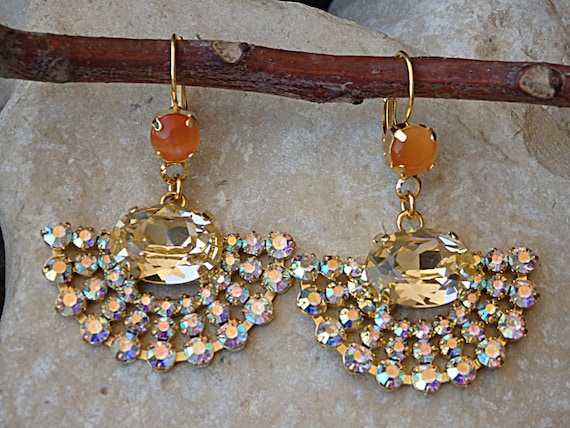 Orange Champagne Crystal Fan Earrings: Drop Earrings For Evening Jewelry
