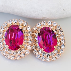 PINK FUCHSIA EARRINGS, Statement Wedding Stud Earrings, Dark Pink Earrings, Hot Pink Oval earrings, bridesmaid Set of 5,6,7,8,9 Earring Gift