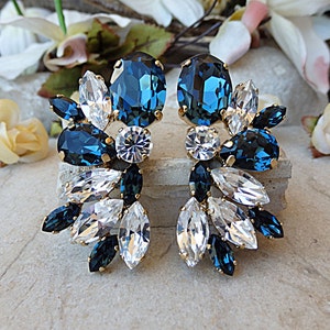 Navy blue wedding earrings. Midnight blue jewelry. Feminine earrings. Blue bridal earrings. Sparkling earrings.Blue white earrings image 3