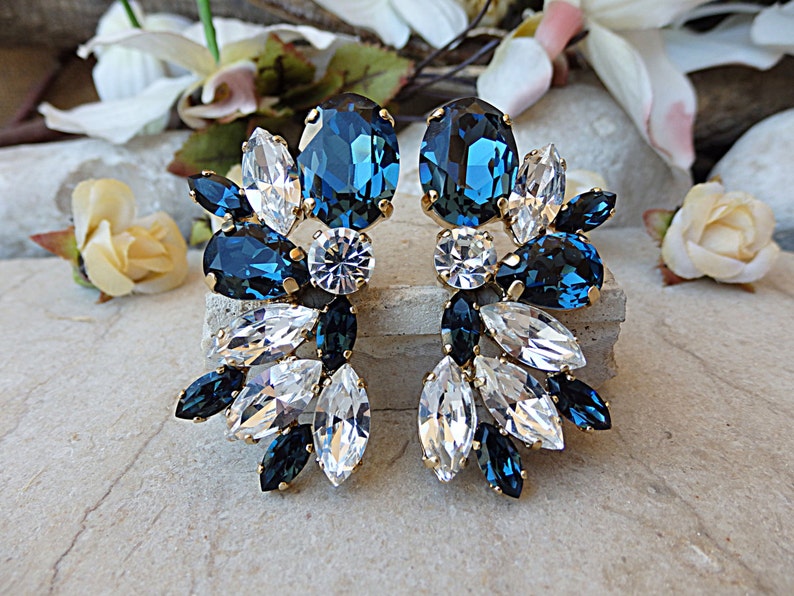 Navy blue wedding earrings. Midnight blue jewelry. Feminine earrings. Blue bridal earrings. Sparkling earrings.Blue white earrings image 3