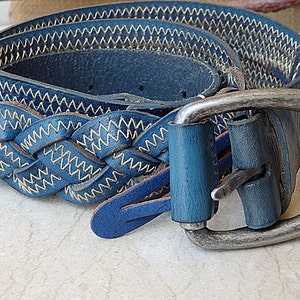 Blue Braided Leather Belt: Unisex Denim Style with White Stitching