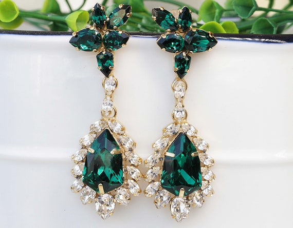 APHRODITE Cubic Circonia Emerald Green Bridal Drop Earrings by TopGracia