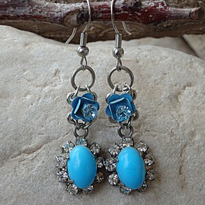 Turquoise Earrings. Crystal Earrings. Flower Drop Earrings for Woman. Silver Turquoise Earrings. Blue Flower Earrings. Turquoise Gemstone
