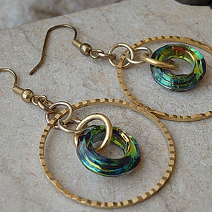 Hoops earrings. Gold hoop earrings. Everyday gold jewelry. Simple earrings.Dangle earrings. Dangling casusl earrings. Green crystal earrings