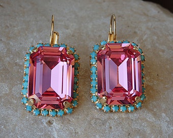 Pink Turquoise Drop Earrings, Pink  Crystal Earrings, Turquoise Rectangle Earrings, Gold Pink Drop Earrings, Bridal Dangle Earrings