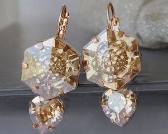 Gold Crystal Heart Earrings, Champagne Wedding Jewelry