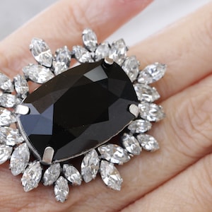 BLACK COCKTAIL RING,  Ring, Black Cluster Ring, Extra Large Huge ring, Statement Ring, Heavy Black Silver Ring, Woman square ring