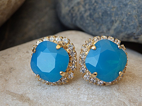Blue Earrings Blue Studs Blue Crystal Gold Earrings Blue