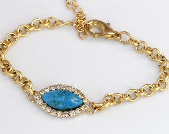 Turquoise Bracelet: 24k Gold Plated Link Chain, Crystal Detail