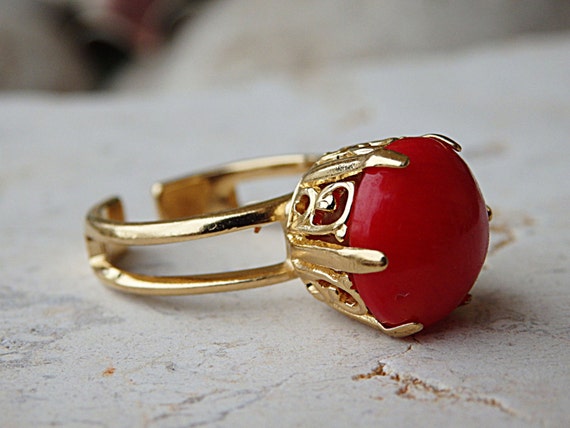 Yellow Gold Plated Simulated Red Ruby Nugget Style Ring | King Size