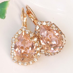 Vintage Bridal Earrings, Morganite Teardrop Earrings, Rose Gold Drop Earrings,  Crystal Blush Pink Jewelry, Bridesmaid Earring Set