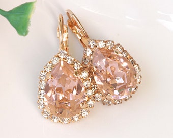 Vintage Bridal Earrings, Morganite Teardrop Earrings, Rose Gold Drop Earrings,  Crystal Blush Pink Jewelry, Bridesmaid Earring Set